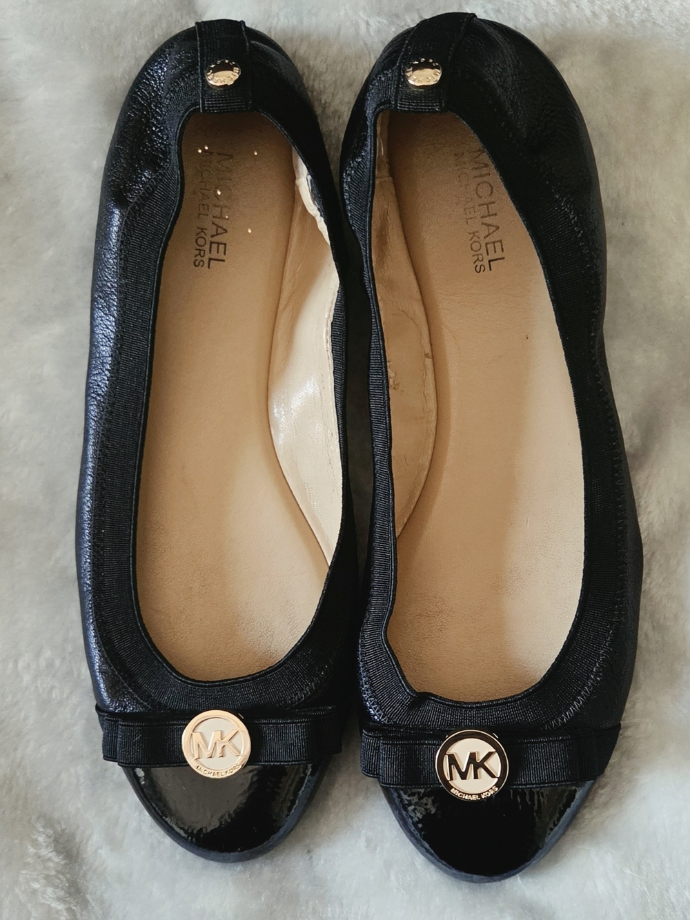 Michael Kors Black Patent & Leather Ballet Flats with Gold MK Medallion